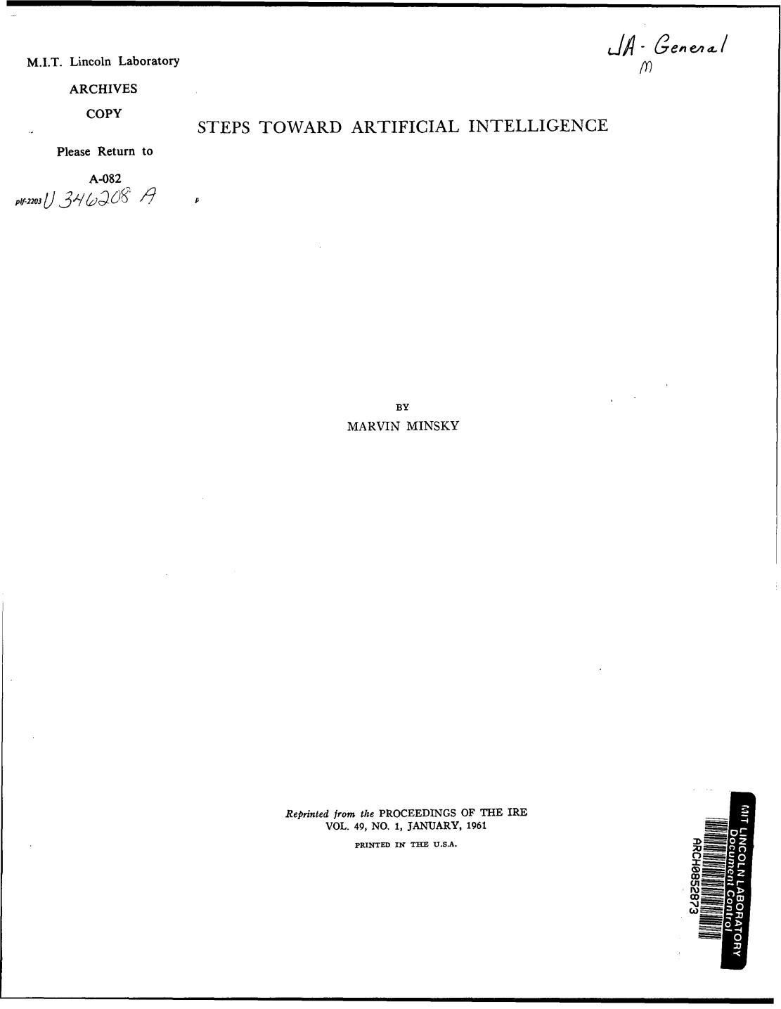 Cover of the offprint of Marvin Minsky'sSteps Toward Artificial Intelligence, originally published in Proceedings of the IRE, vol. 49, no. 1, 1961. MIT Lincoln Laboratory Archives