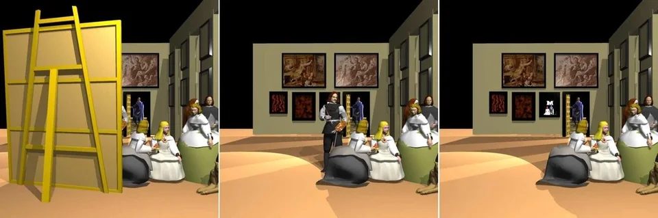 Fig. 6 Drawing and explanation by David G. Stork: The view from the “improper” position K&Q M (see Fig. 5). (Left) In the scene containing all the objects, the canvas blocks the mirror, so the king and queen’s line of sight is blocked as well. (Centre) Even if the canvas were not in place, the artist in the painting (the self-portrait) would block the mirror. (Right) Only when neither the canvas nor the painter is in place can the king and queen see themselves in the mirror. These renderings further show that the mirror reflection in Velázquez’s painting is not the real image of the king and queen.