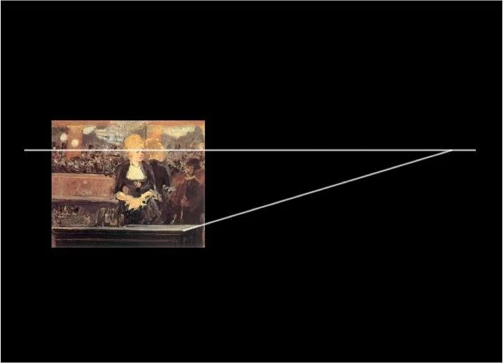 Fig. 10 Édouard Manet, A Bar at the Folies-Bergère (sketch), with the viewpoint position and pyramid of sight drawn by de Duve