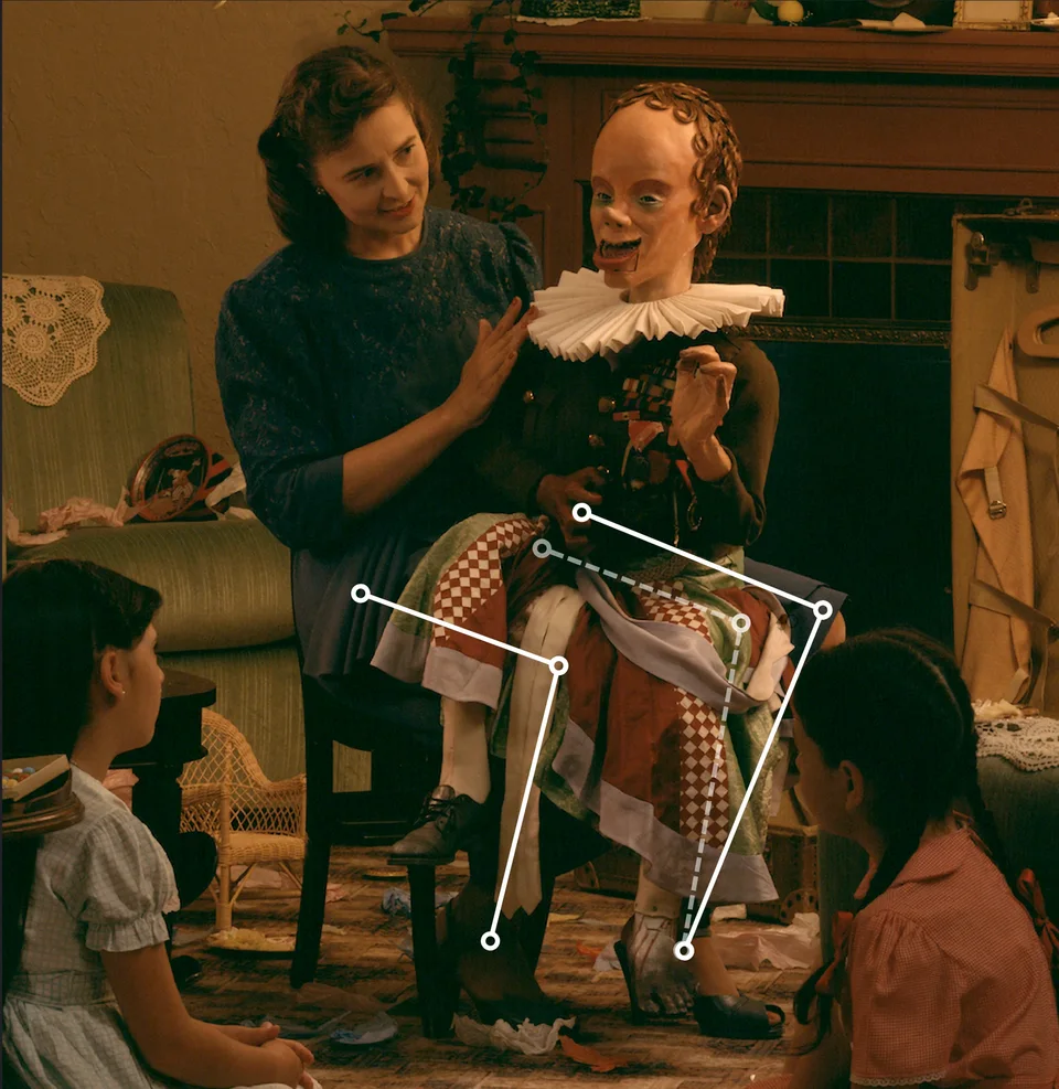 Fig. 23 The ventriloquist in Ventriloquist. The solid lines show the position and length of her legs as the information in the picture indicates; the dashed lines show where her legs ought to be and how long they ought to be, inferred from real-world conditions