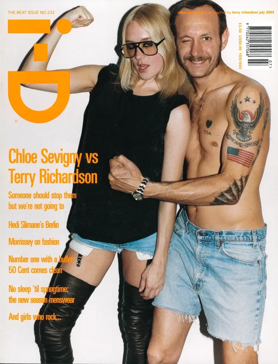 The July 2003 issue ofi·D lying on the chair in A View from an Apartment. On the cover are Chloë Sevigny and photographer Terry Richardson. Sevigny epitomized the cool girl of that moment, while Richardson, who shot the cover, was known for porno-chic fashion and a snapshot aesthetic.