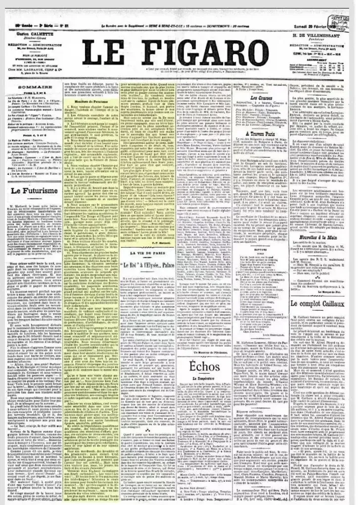 Fig. 1 Marinetti, "The Founding and Manifesto of Futurism" (Le Figaro), February 20, 1909