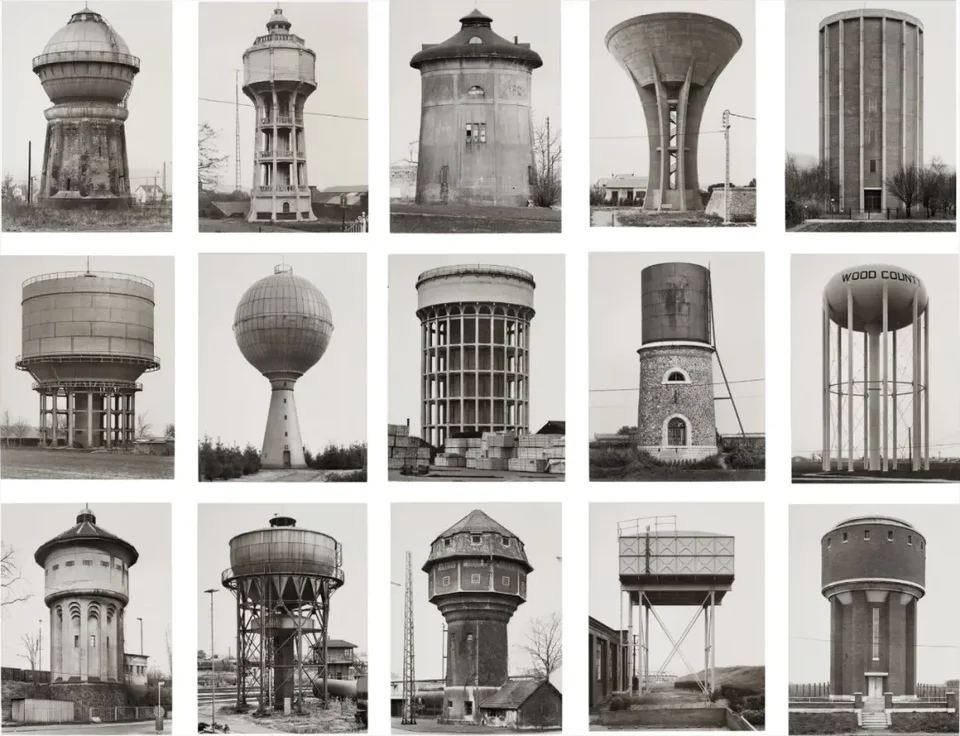 Bernd and Hilla Becher,Water Towers, gelatin silver prints, 15 photographs. A note attached to the backing of the first photograph is titled, numbered, and signed: "Water Towers 1–15 B + H Becher"; the verso of each photograph is numbered "1–15" in sequence. Overall dimensions: 173 × 241 cm (68 1/8 × 94 7/8 in.). Completed between 1965 and 1997. This work is a unique typological composition, catalogued by Sonnabend Gallery, New York, inventory number BHB-00944 (15).