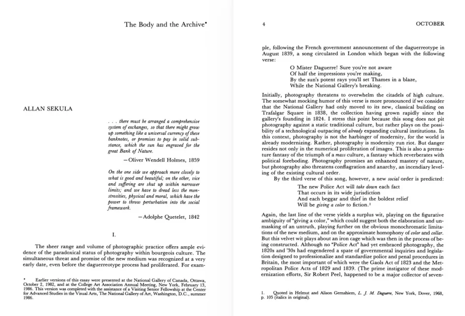 Sekula, Allan. "The body and the archive." October 39 (1986): 3-64.