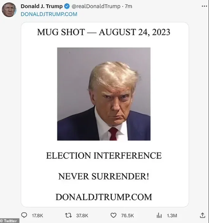 On August 24, 2023, former US President Donald Trump surrendered at the Fulton County Jail in Atlanta, Georgia. Shown here is his mug shot, the first mug shot of a US president in history. Notably, the version Trump posted on social media removed the jail's insignia from the upper left corner.
