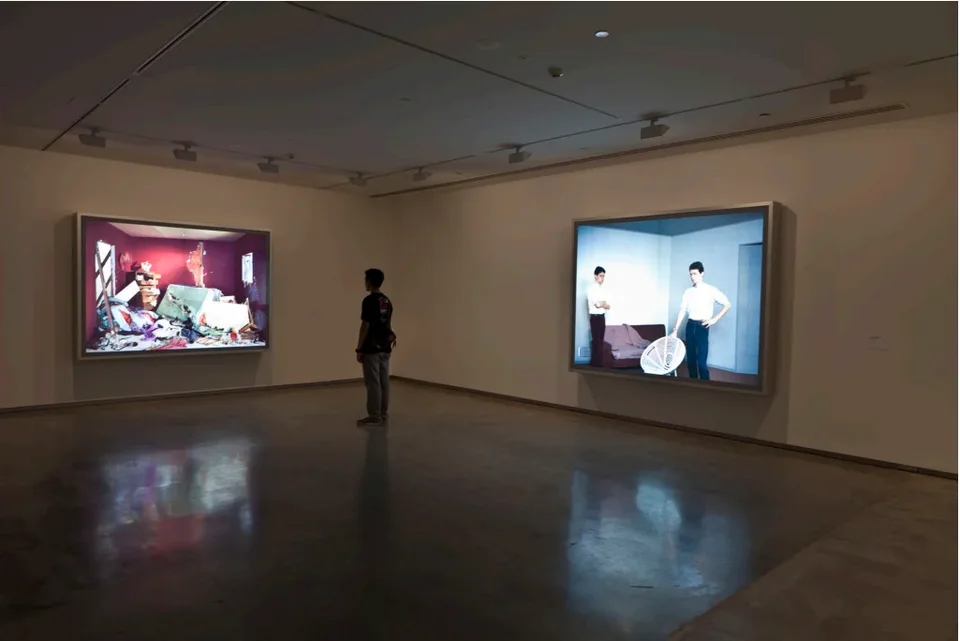 left to right:The Destroyed Room, 1978; Double Self-Portrait 1979. Installation view, Jeff Wall Photographs, MCA, 2013. Collection of the artist, AP. Image courtesy and © the artist. Photograph: Alex Davies