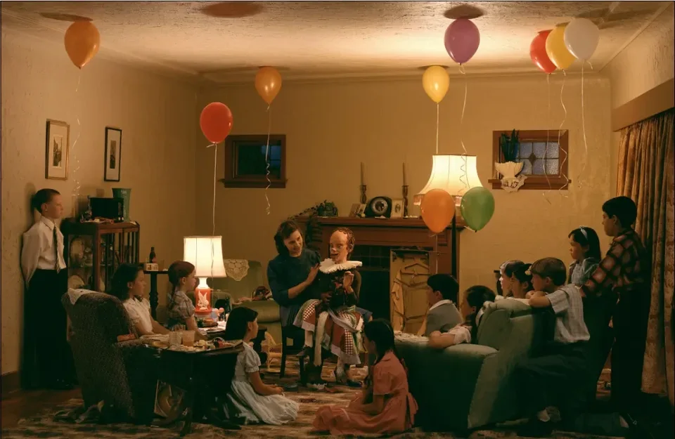 Jeff Wall,A Ventriloquist at a Birthday Party in October 1947, 1990, transparency in lightbox, 229 × 352 cm