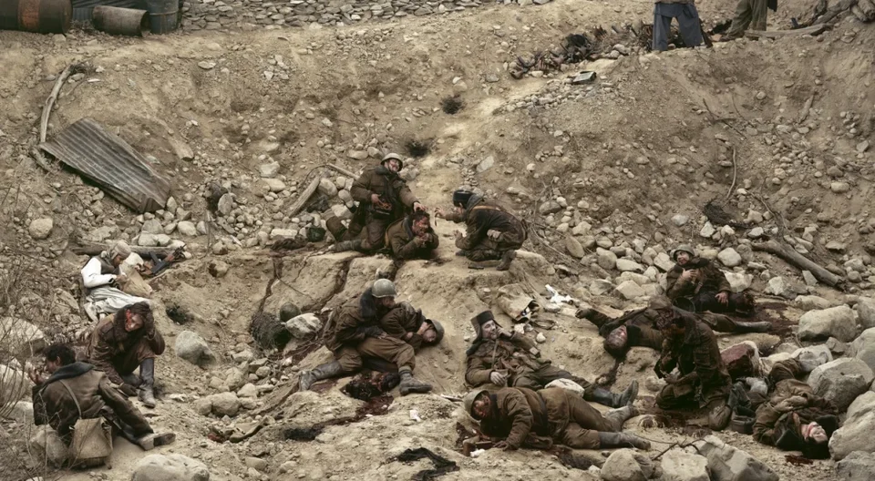 Jeff Wall,Dead Troops Talk (a vision after an ambush of a Red Army Patrol, near Moqor, Afghanistan, winter 1986), 1992, transparency in lightbox, 90 ⅛ × 164 ⅛ inches (229 × 417 cm)