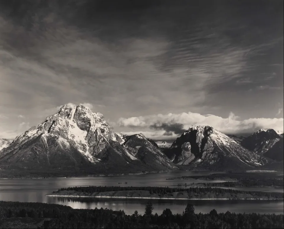 Ansel Adams (1902–1984), Mt. Moran and Jackson Lake from Signal Hill, Grand Teton, National Park, Wyoming, c. 1941. Gelatin silver print. 27½ x 34½ in (69.8 x 87.6 cm).