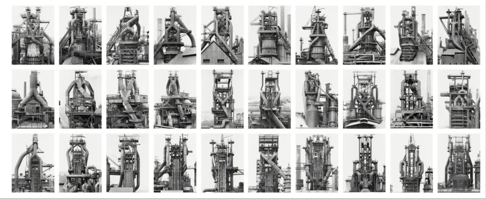 Blast Furnaces 1969–93 Gelatin silver prints Each 15 15/16 × 12 3/8 in. (40.5 × 31.5 cm) The Doris and Donald Fisher Collection at the San Francisco Museum of Modern Art © Estate Bernd & Hilla Becher.