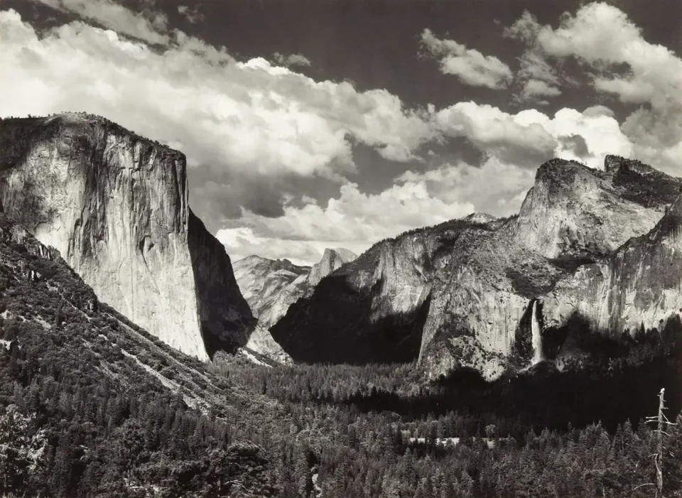 Ansel Adams, Valley View, Yosemite National Park, California, 1936, Gelatin silver print, printed later; mounted, initialed in pencil on the mount, the photographer's 'Special Edition Photographs of Yosemite' stamp on the reverse. 7 1/8 x 9 3/4 in. (18.1 x 24.8 cm.)
