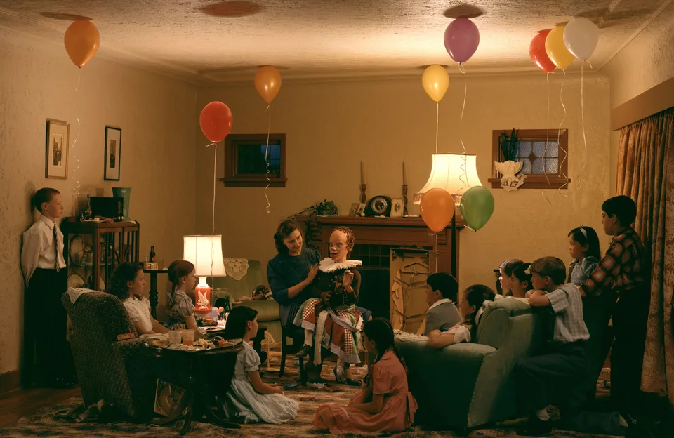 Jeff Wall, A ventriloquist at a birthday party in October 1947, 1990, transparency in lightbox, 229 × 352.4 cm, Courtesy of the artist.
