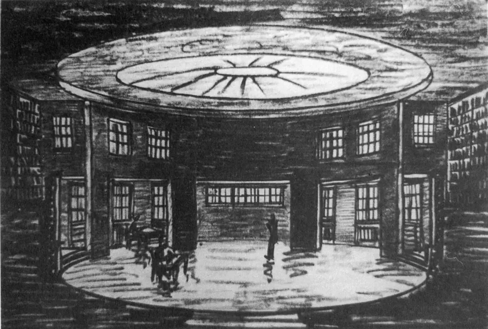 Gerhard Langmaack, design sketch for Warburg's elliptical reading room