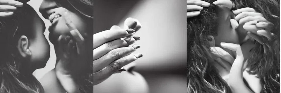 图 3. 作者选取 Stable Diffusion 针对看似荒诞的提示语“fingers kissing”所生成的影像，组成一件三联画，以有意探索该模型在似真性之外的影像生成方式。原始影像是黑白的，后期进行了轻微曲线调整。2023 年 10 月。